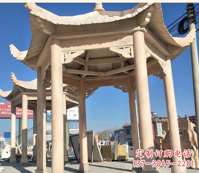重庆园林景观晚霞红六角石雕凉亭 (2)