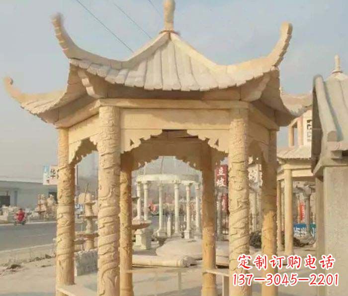 重庆园林景观晚霞红六角石雕凉亭 (3)