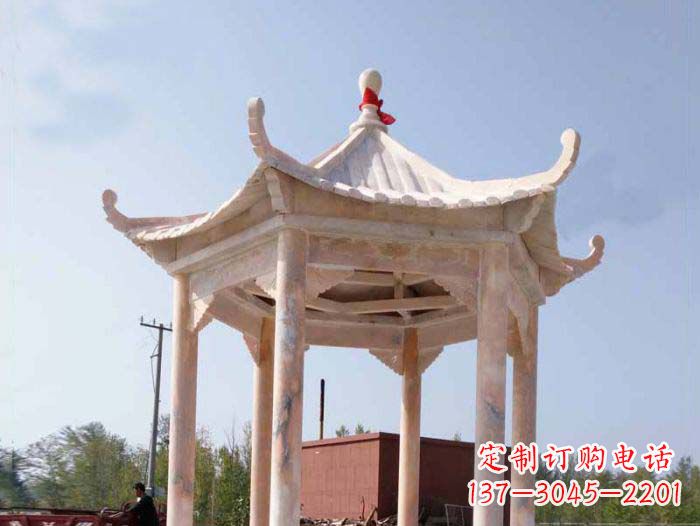 重庆园林景观晚霞红六角石雕凉亭