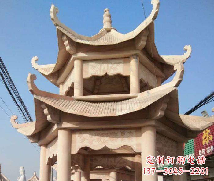 重庆园林景观晚霞红双层石雕凉亭 (2)