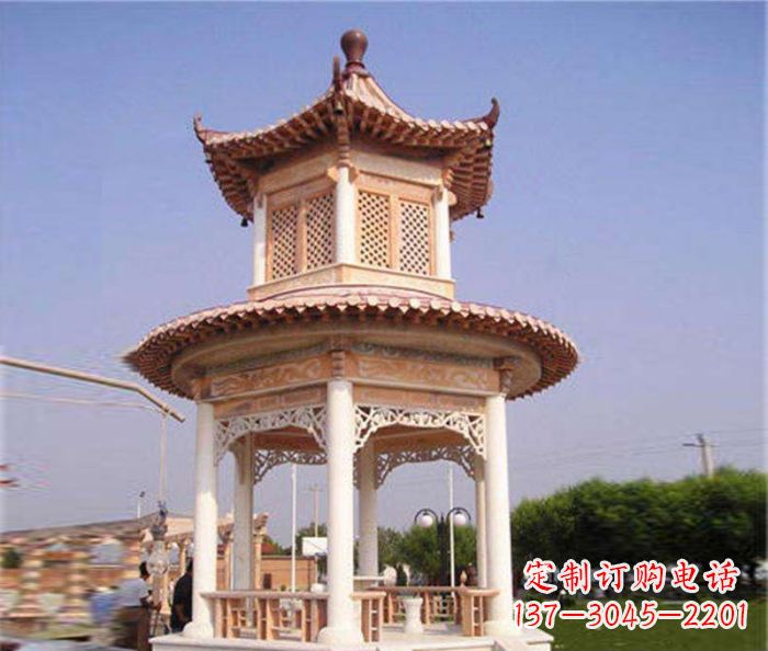 重庆园林景观晚霞红双层石雕凉亭 (4)