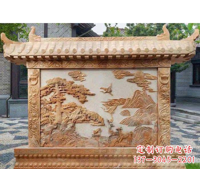 重庆园林景观晚霞红松鹤石浮雕影壁
