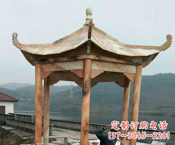 重庆园林晚霞红单层石凉亭景观石雕