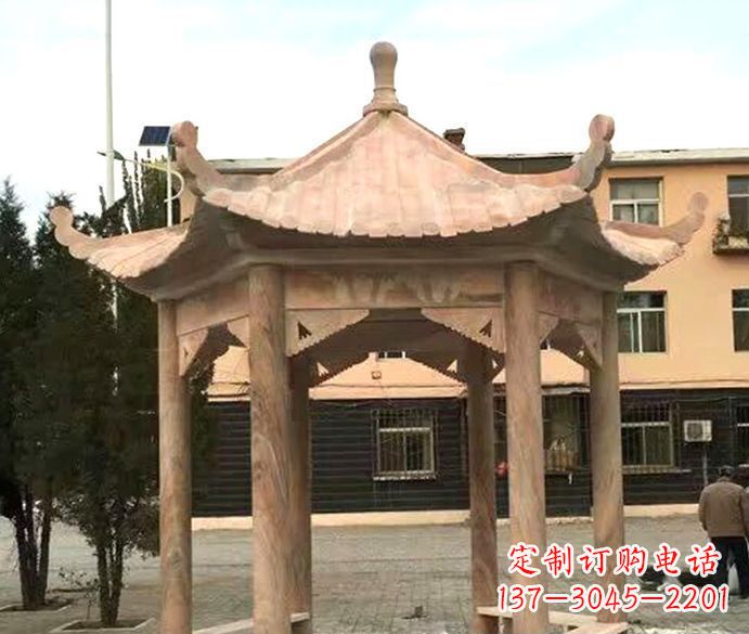 重庆园林晚霞红六角石雕凉亭
