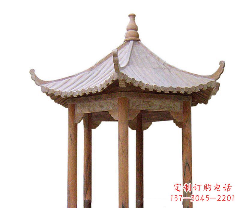 重庆园林晚霞红六角石凉亭景观石雕 (2)