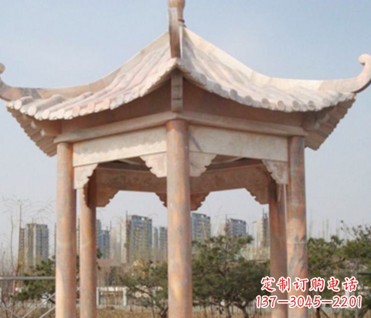 重庆园林晚霞红六角石凉亭景观石雕