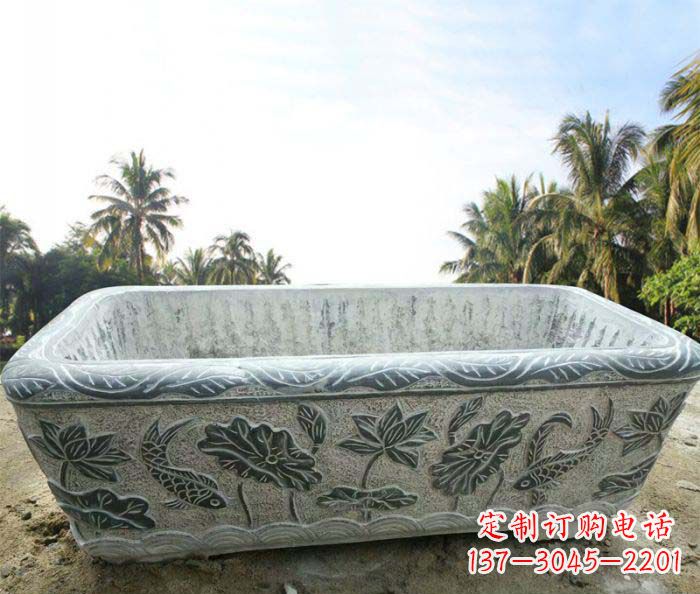重庆长方形连年有余荷花浮雕石水缸