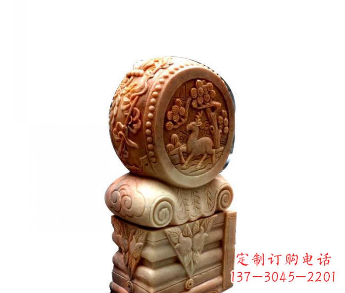 重庆招财石门墩晚霞红抱鼓石